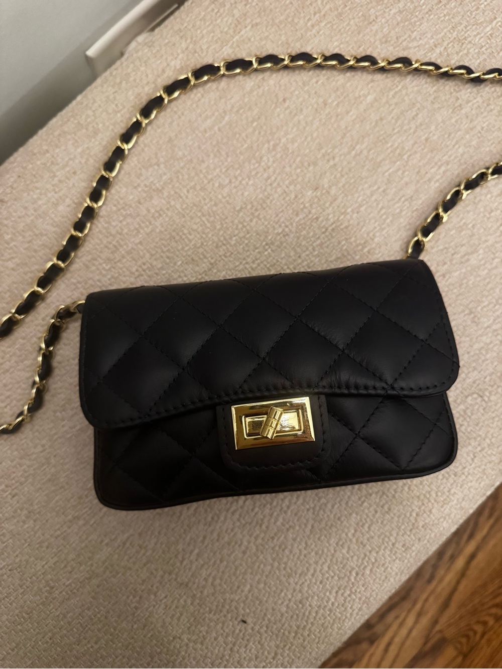 Quilted Black Leather Crossbody Bag with Gold Chain Made in Italy